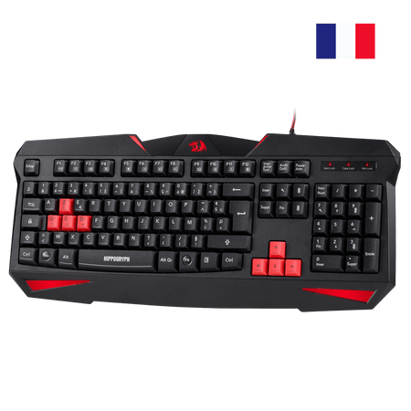 Black gaming keyboard with red accents on a white background, featuring a French flag icon.