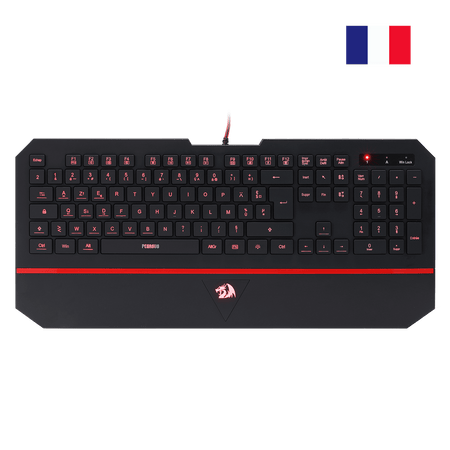 Gaming keyboard with red accents on a black background, featuring a logo.