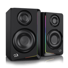 Redragon GS812 Wireless RGB Wooden Desktop Speakers, 2.0 Channel Bookshelf Speaker w/BT 5.0/3.5mm AUX Connection, Enhanced Bass/Volume Knob Control, Extra Mic/Audio Jacks & Dynamic RGB Lighting Bar
