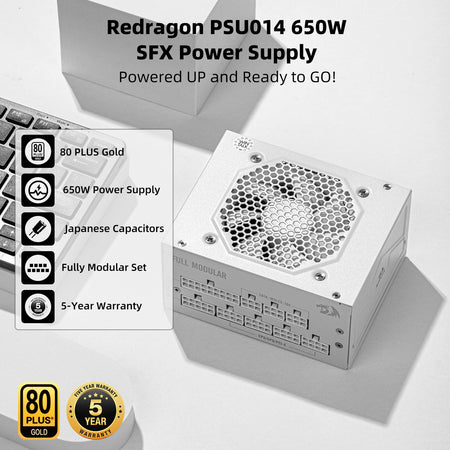 Redragon PSU014 80+ Gold 650 Watt SFX Fully Modular Power Supply, 80 Plus Certified, 100% Japanese Capacitors & Low Noise Smart-ECO 0 RPM Fan, Full Mod Cables w/ATX Compatible Panel, White