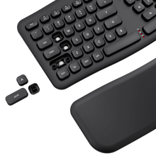 Black keyboard with key components on a black background