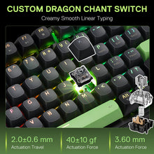Keyboard with a focus on custom dragon chant switch, highlighting features like actuation travel and force.