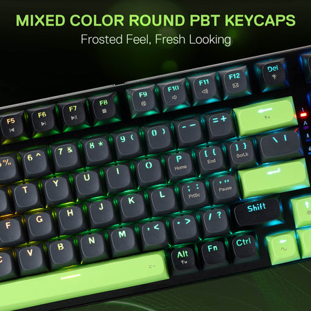 Keyboard with mixed color round PBT keycaps on a dark background