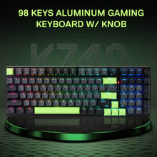 98 keys aluminum gaming keyboard with knob on a dark background