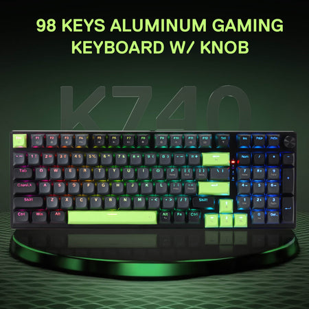 98 keys aluminum gaming keyboard with knob on a dark background