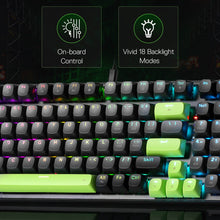 Mechanical keyboard with colorful backlighting and text indicating on-board control and vivid 18 backlighting modes.