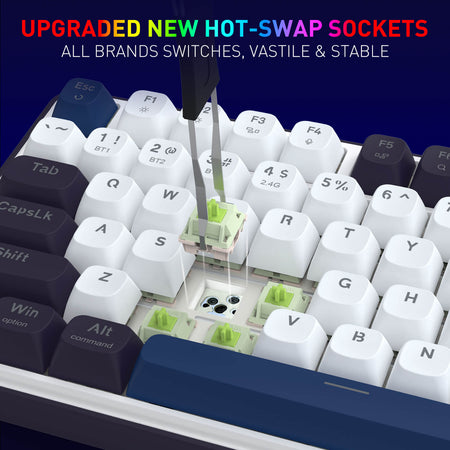 Keyboard with hot-swap sockets being installed, highlighting upgraded features.