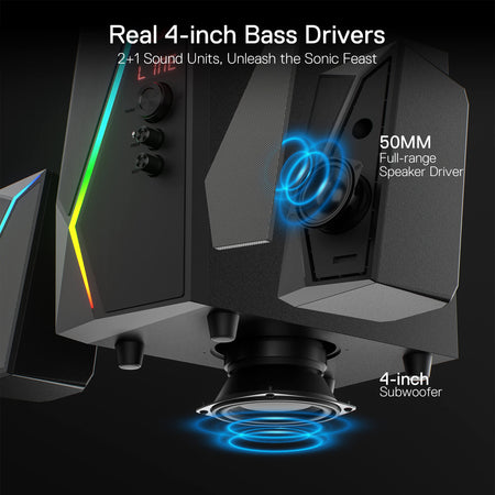 Redragon GS520 PRO Computer Gaming Speakers with Subwoofer, 2.1 Channel RGB Stereo Speakers for Desktop w/Massive 45W Max Power, Unparalleled Adjustable Bass, Bluetooth 5.0, SD & 3.5mm AUX Inputs