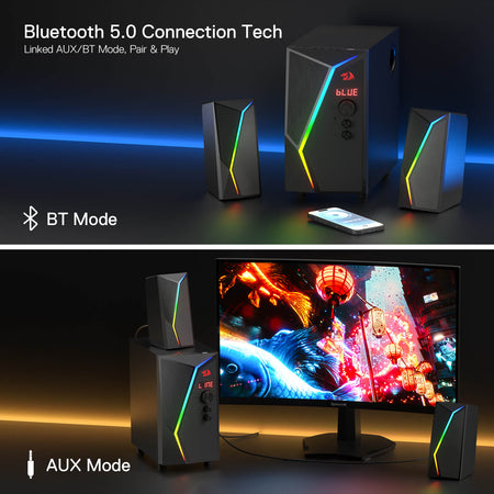 Redragon GS520 PRO Computer Gaming Speakers with Subwoofer, 2.1 Channel RGB Stereo Speakers for Desktop w/Massive 45W Max Power, Unparalleled Adjustable Bass, Bluetooth 5.0, SD & 3.5mm AUX Inputs