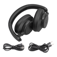 Black gaming headset with microphone and cables on a white background