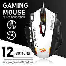 Gaming mouse with features highlighted on a black and white background