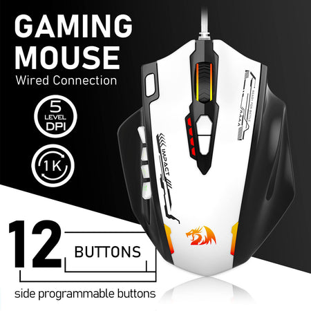 Gaming mouse with features highlighted on a black and white background