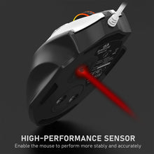 Close-up of a gaming mouse with a high-performance sensor on a dark background