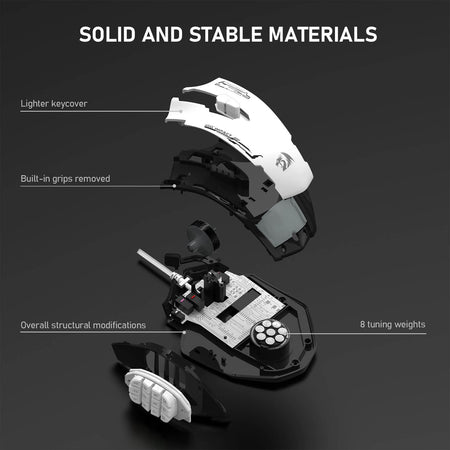 Gaming mouse with labeled parts on a dark background