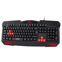 Black gaming keyboard with red accents on a white background