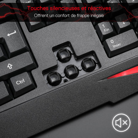 Close-up of a mechanical keyboard with red accents and text in French about silent and reactive keys.