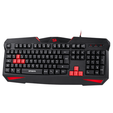Black gaming keyboard with red accents on a white background