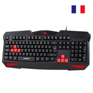Black gaming keyboard with red accents on a white background, featuring a French flag icon.