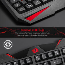 Close-up of a gaming keyboard with red accents and text about LED lighting.