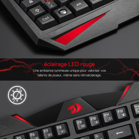 Close-up of a gaming keyboard with red accents and text about LED lighting.