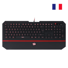 Gaming keyboard with red accents on a black background, featuring a logo.