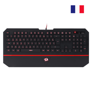 Gaming keyboard with red accents on a black background, featuring a logo.