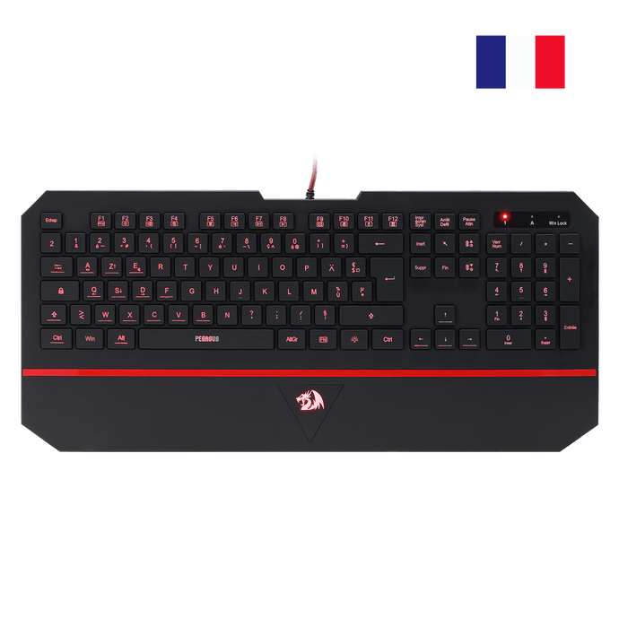 Gaming keyboard with red accents on a black background, featuring a logo.