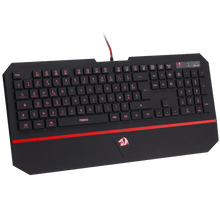 Black gaming keyboard with red accents on a white background
