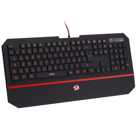 Black gaming keyboard with red accents on a white background