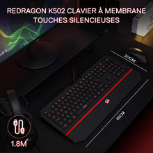 Redragon K502 keyboard on a desk with monitor and mouse, featuring product details.