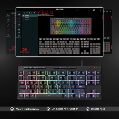 Redragon K516 Shiva TKL Wired RGB Membrane Gaming Keyboard, 87 Keys Mechanical-Feel Keyboard w/Smooth Linear Switch, On-Board Macro & Dedicated Multimedia Keys, 16.8M RGB Backlit, Software Supported