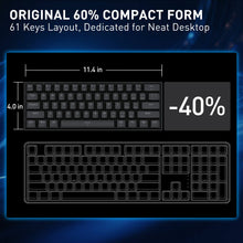 Keyboard with 60% compact form factor, 61 keys layout, and dimensions on a dark background.