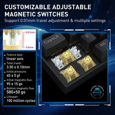 Redragon K617 FIZZ Customizable adjustable magnetic switches with technical specifications on a dark background