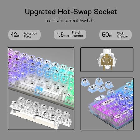 Redragon K628 PRO SE 75% 3-Mode Wireless RGB Gaming Keyboard, 78 Keys Full-Transparent Hot-Swap Compact Mechanical Keyboard w/Upgraded Socket, Dedicated Arrow Keys & Numpad, Translucent Custom Switch