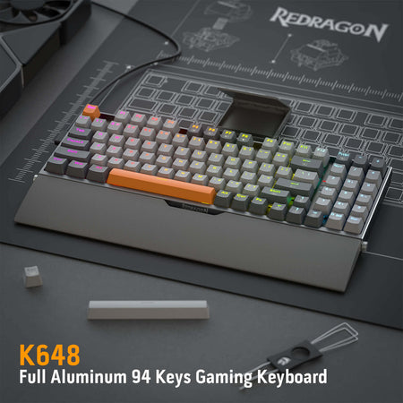 Redragon K648 90% Wired Aluminum RGB Gaming Keyboard, 94 Keys Tactical Mechanical Keyboard w/Hot-Swap Socket, Rock-Solid Metal Board Built-in Noise Absorbing Foams & Wrist Support, Quiet Red Switch