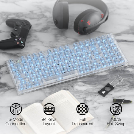 Redragon K658 PRO SE 90% 3-Mode Wireless RGB Gaming Keyboard, 94 Keys Full-Transparent Hot-Swap Mechanical Keyboard w/Upgraded Socket, Sound Absorbing Foams, Full Numpad, Translucent Custom Switch