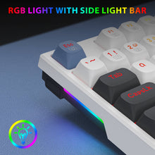 Gaming keyboard with RGB lighting and side light bar on a dark surface