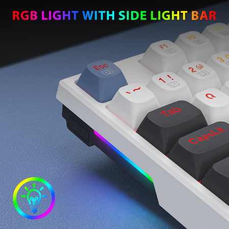 Gaming keyboard with RGB lighting and side light bar on a dark surface