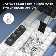 Keyboard with hot swappable switches and text highlighting customizable switch options.