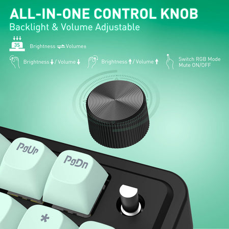 All-in-one control knob with backlight and volume adjustment on a keyboard, featuring text and icons.