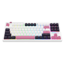 Mechanical keyboard with colorful keycaps on a white frame against a black background