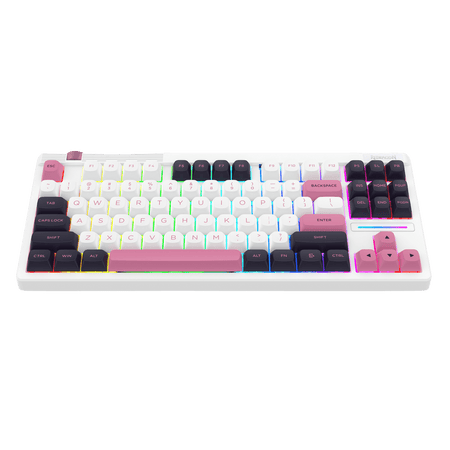 Mechanical keyboard with colorful keycaps on a white frame against a black background
