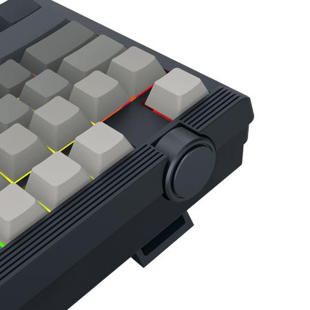 Close-up of a mechanical keyboard with gray keys and black frame on a transparent background