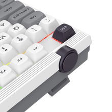 Close-up of a mechanical keyboard with white keys and black keycaps on a transparent background