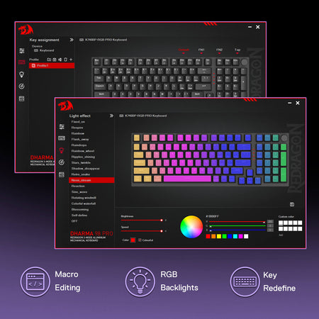 Keyboard software interface with macro editing, RGB backlit keyboard, and key redefinition features on a dark background.