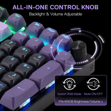 Mechanical keyboard with an all-in-one control knob for backlight and volume adjustment.