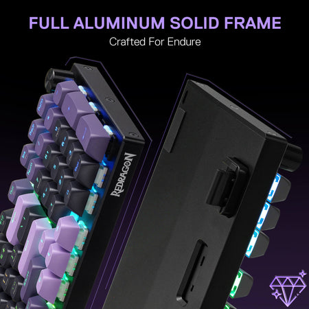 Mechanical keyboard with LED lighting and 'Redragon' branding on a dark background
