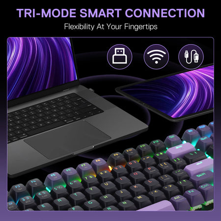 Laptop and smartphone with a glowing keyboard, highlighting tri-mode smart connection features.