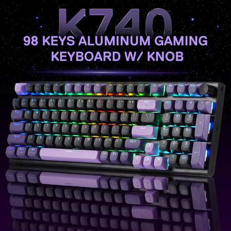 K740 gaming keyboard with RGB lighting on a reflective surface with a dark background