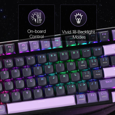 Keyboard with RGB lighting and text highlighting features like on-board control and 18 backlight modes.